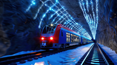 A vibrant train moves through a beautifully illuminated tunnel adorned with sparkling blue lights, creating a magical and energetic travel experience.の素材