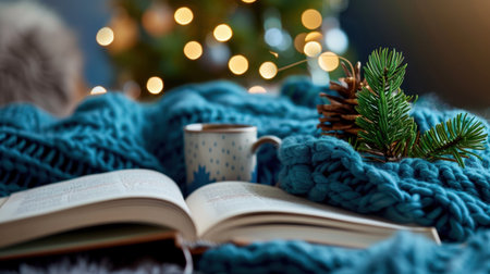 A cozy winter scene featuring a book resting on a soft knitted blanket, a festive mug, and a pine cone with twinkling lights in the background.の素材