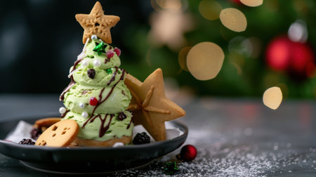 This delightful image showcases a creative ice cream dessert shaped like a Christmas tree, adorned with colorful toppings and festive cookies. Perfect for holiday themes.の素材