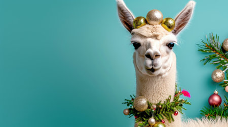 A cheerful llama adorned with Christmas ornaments and a festive wreath showcases a playful and joyful spirit against a bright turquoise background.の素材