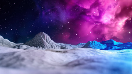 A mesmerizing cosmic landscape featuring dramatic mountains under a starry sky. Vivid colors blend into the scene, evoking fantasy and exploration.の素材