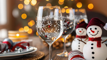 A cozy holiday table setting featuring sparkling glasses and a charming snowman centerpiece, creating a warm atmosphere perfect for festive gatherings.の素材