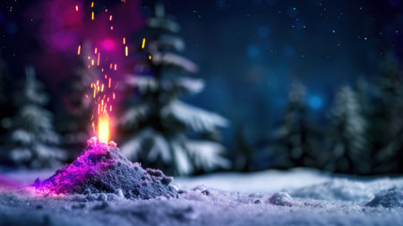 A vibrant eruption of colors emerges from a snowy landscape under a starry night sky, featuring evergreen trees in the background. The scene captures the magic of winter.の素材