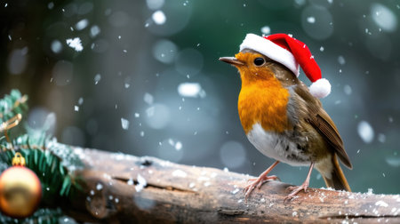 A charming robin perched on a branch, adorned with a Santa hat, surrounded by falling snowflakes. A perfect depiction of festive cheer and seasonal joy.の素材