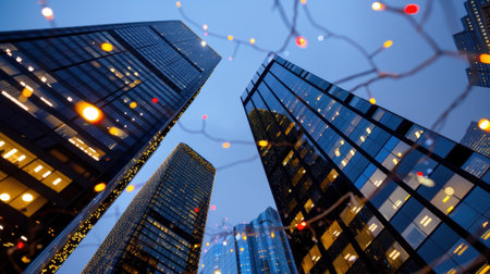 An enchanting urban skyline captured at dusk, featuring tall corporate buildings adorned with vibrant holiday lights, creating a festive atmosphere.の素材