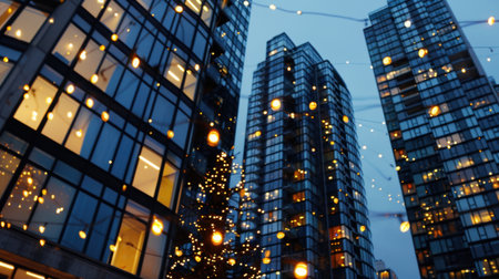 A captivating urban scene featuring modern buildings adorned with twinkling lights, creating a magical atmosphere during the evening twilight.の素材