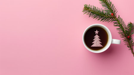 A cozy cup of coffee features a festive design of a tree with a star, accented by a pine branch, set against a cheerful pink background.の素材