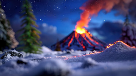 A stunning depiction of a volcanic eruption under a starry night sky, featuring glowing lava flow amidst snow-covered terrain, showcasing nature's contrast.の素材