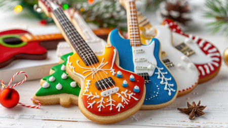 Celebrate the holiday season with charming guitar-shaped cookies decorated with vibrant icing, perfect for festive gatherings and music lovers alike.の素材