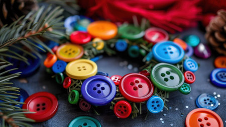 A vibrant and cheerful button wreath made with colorful buttons and pine needles, perfect for holiday decorations and creative projects during winter.の素材