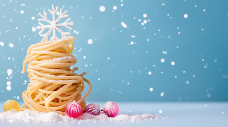 This whimsical winter-themed food art features a creative arrangement of spaghetti topped with snowflakes and colorful decorations, capturing the festive spirit.の素材