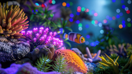 Explore a captivating underwater coral reef scene filled with vibrant colors and marine life. This artwork showcases tropical fish swimming among luminous coral formations, creating a serene and enchanting atmosphere.の素材