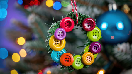 Vibrant button wreath is beautifully displayed on a Christmas tree, adorned with colorful buttons and festive bokeh lights, enhancing holiday charm.の素材