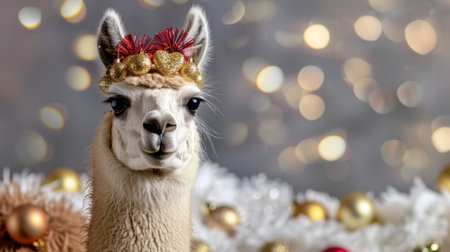 This enchanting image features a charming alpaca adorned with a festive crown, set against a backdrop of sparkling holiday lights and joyful decorations, capturing the essence of celebration.の素材