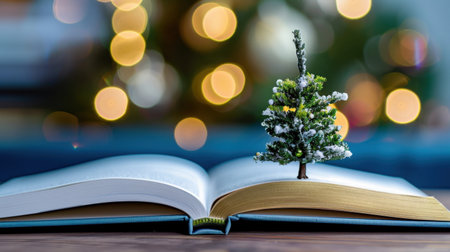 A vibrant scene featuring a miniature Christmas tree placed atop an open book, surrounded by soft holiday lights, evoking warmth and nostalgia.の素材