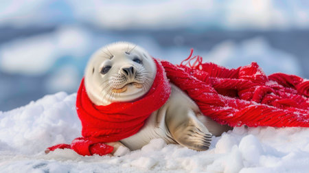A charming baby seal cozies up in a bright red scarf, resting on snow in a peaceful winter landscape, showcasing the beauty of wildlife.の素材