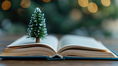 This enchanting image features a miniature Christmas tree placed on an open book, surrounded by softly glowing bokeh lights, creating a cozy and festive atmosphere.の素材