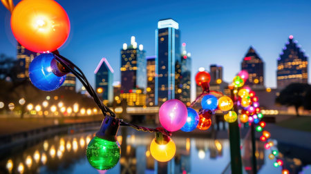 A stunning view of vibrant string lights illuminating a park at dusk, with a modern city skyline reflecting in the tranquil water below.の素材