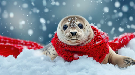 This captivating image features a playful seal wrapped in a bright red scarf, nestled in snowy surroundings with snowflakes falling gracefully, creating a whimsical winter scene.の素材