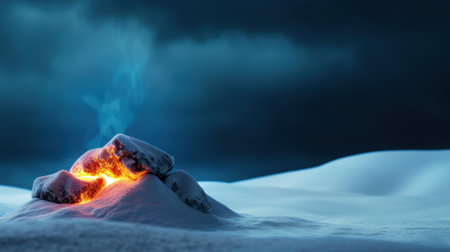 A captivating scene featuring glowing ember rocks amidst a blanket of soft snow under a dramatic night sky. The interaction of heat and cold creates a serene atmosphere.の素材