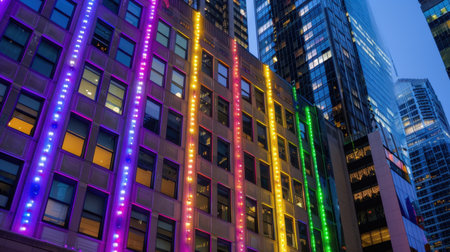 This stunning image captures the vibrant display of LED lights adorning an urban building facade at dusk, showcasing a modern city skyline and inviting ambiance.の素材
