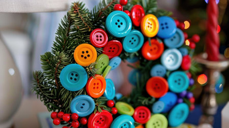 A vibrant wreath made of assorted colorful buttons and fresh pine branches, perfect for adding festive charm to any home decor during the holiday season.の素材