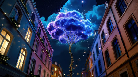 A stunning scene featuring a glowing tree against a dark night sky filled with twinkling stars and colorful buildings, creating an enchanting atmosphere.の素材