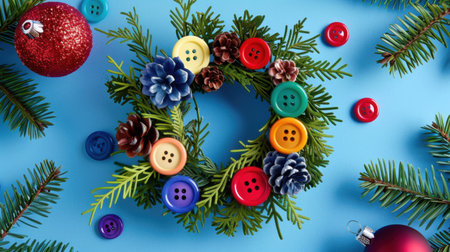 This image showcases a vibrant DIY Christmas wreath made with colorful buttons, pinecones, and ornaments against a soft blue background, perfect for festive crafts.の素材