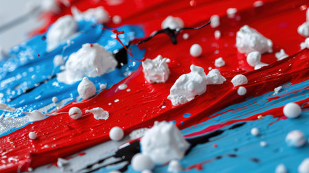 This vibrant abstract artwork features bold red and blue textures, accented with white elements, creating a dynamic and visually striking composition.の素材