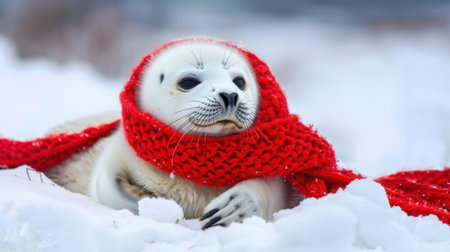 This heartwarming image features a cute baby seal snuggly wrapped in a vibrant red scarf, resting gracefully in a snowy environment, showcasing the beauty of wildlife.の素材