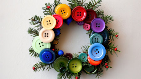A vibrant wreath made of colorful buttons surrounded by fresh greenery, perfect for festive home decoration or creative craft projects this season.の素材