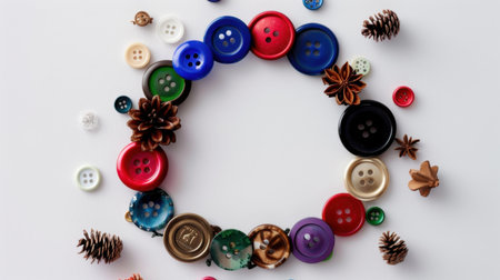 This image features a delightful arrangement of colorful buttons and pine cones in a circular formation on a white surface, perfect for craft inspiration.の素材