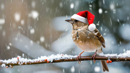 A cheerful bird wearing a Santa hat perches on a snowy branch, surrounded by falling snowflakes, embodying the joy of the winter season.の素材