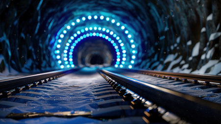A captivating view of train tracks converging into a brightly illuminated tunnel featuring circular blue lights and a snowy ground, evoking a sense of mystery and adventure.の素材