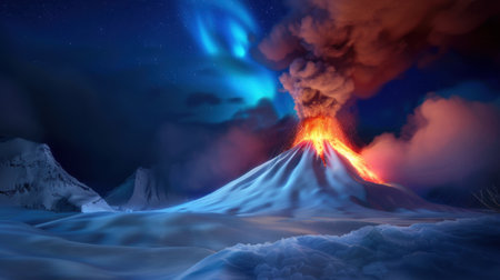 This breathtaking image captures a dramatic volcanic eruption under a brilliant night sky illuminated by the mesmerizing aurora borealis, set against a snowy landscape.の素材