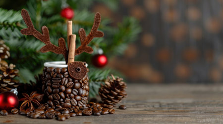 This charming Christmas-themed coffee cup features festive reindeer antlers made from cinnamon sticks and is adorned with coffee beans, set in a cozy winter backdrop.の素材