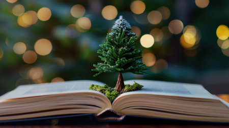 A captivating scene featuring a miniature evergreen tree atop an open book, creating a whimsical blend of nature and literature with festive lights in the background.の素材