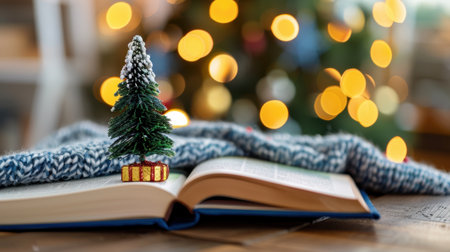 A warm and inviting Christmas scene featuring a miniature tree perched atop an open book, surrounded by a cozy knit blanket and festive lights in the background.の素材