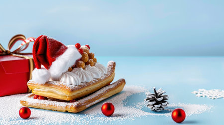 A delightful pastry topped with whipped cream and a Santa hat, surrounded by Christmas decorations, evoking festive cheer and holiday spirit.の素材