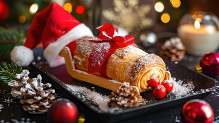 A delightful holiday pastry sits on a wooden sleigh, decorated with a festive red bow, surrounded by pinecones and snow, capturing seasonal cheer.の素材