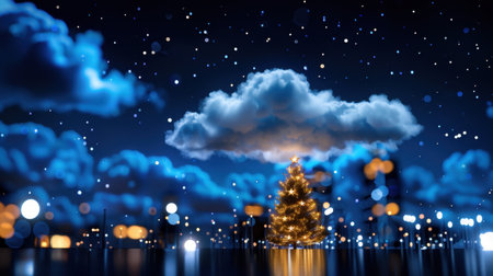 A captivating winter scene features a beautifully lit Christmas tree beneath a cloud-filled night sky. Snow gently falls, creating a magical atmosphere filled with soft lights and enchanting beauty.の素材