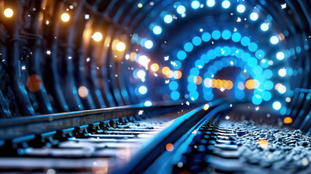 A stunning view of a train tunnel illuminated by enchanting blue lights, with soft snowflakes falling on the tracks, creating a serene ambiance perfect for travel.の素材