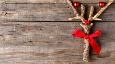 A charming rustic wooden reindeer decoration adorned with a red bow and shiny ornaments, perfect for holiday celebrations and seasonal decor.の素材