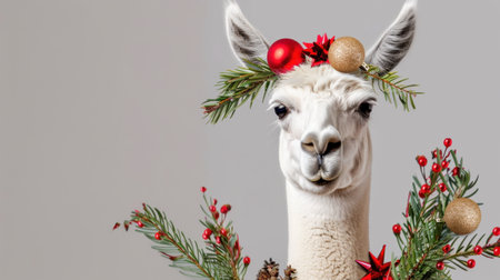 A playful llama featuring Christmas decorations including ornaments and pine branches. This charming animal captures the joyful spirit of the holiday season.の素材