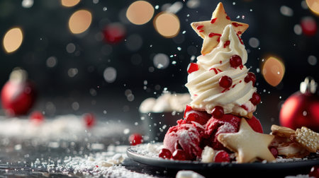 This festive dessert features creamy ice cream topped with cookie stars and vibrant red berries, creating a delightful holiday treat. Perfect for celebrations!の素材
