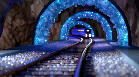 A striking miniature scene featuring a train navigating an illuminated crystal tunnel. The vibrant blue lights and intricate design create a captivating and dreamlike ambiance.の素材