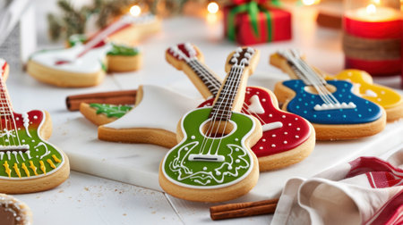 Vibrantly decorated guitar-shaped cookies showcase delightful holiday spirit, perfect for festive gatherings and sweet moments shared with loved ones.の素材