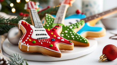 A delightful arrangement of colorful guitar-shaped cookies, beautifully decorated for the holiday season, perfect for festive celebrations and gatherings.の素材
