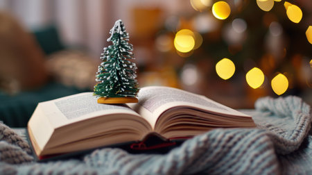 A warm and inviting winter setting featuring an open book with a miniature Christmas tree atop its pages, surrounded by a cozy blanket and twinkling lights.の素材