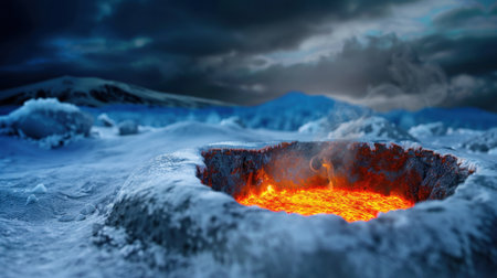 A striking contrast between molten lava and icy terrain creates a dramatic scene. Dark storm clouds loom overhead, enhancing the landscape's eerie beauty.の素材